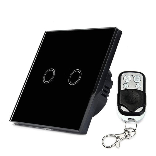 86mm 2 Gang Tempered Glass Panel Wall Switch Smart Home Light Touch Switch with RF433 Remote Controller, AC 110V-240V (Black)