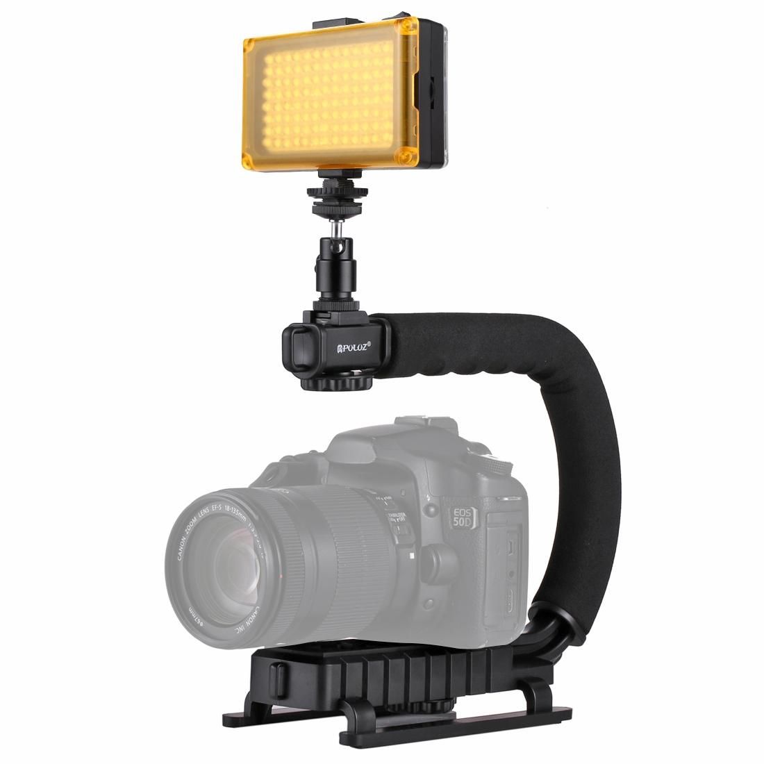 PULUZ U/C Shape Portable Handheld DV Bracket Stabilizer + LED Studio Light Kit with Cold Shoe Tripod Head  for All SLR Cameras and Home DV Camera (Style1)