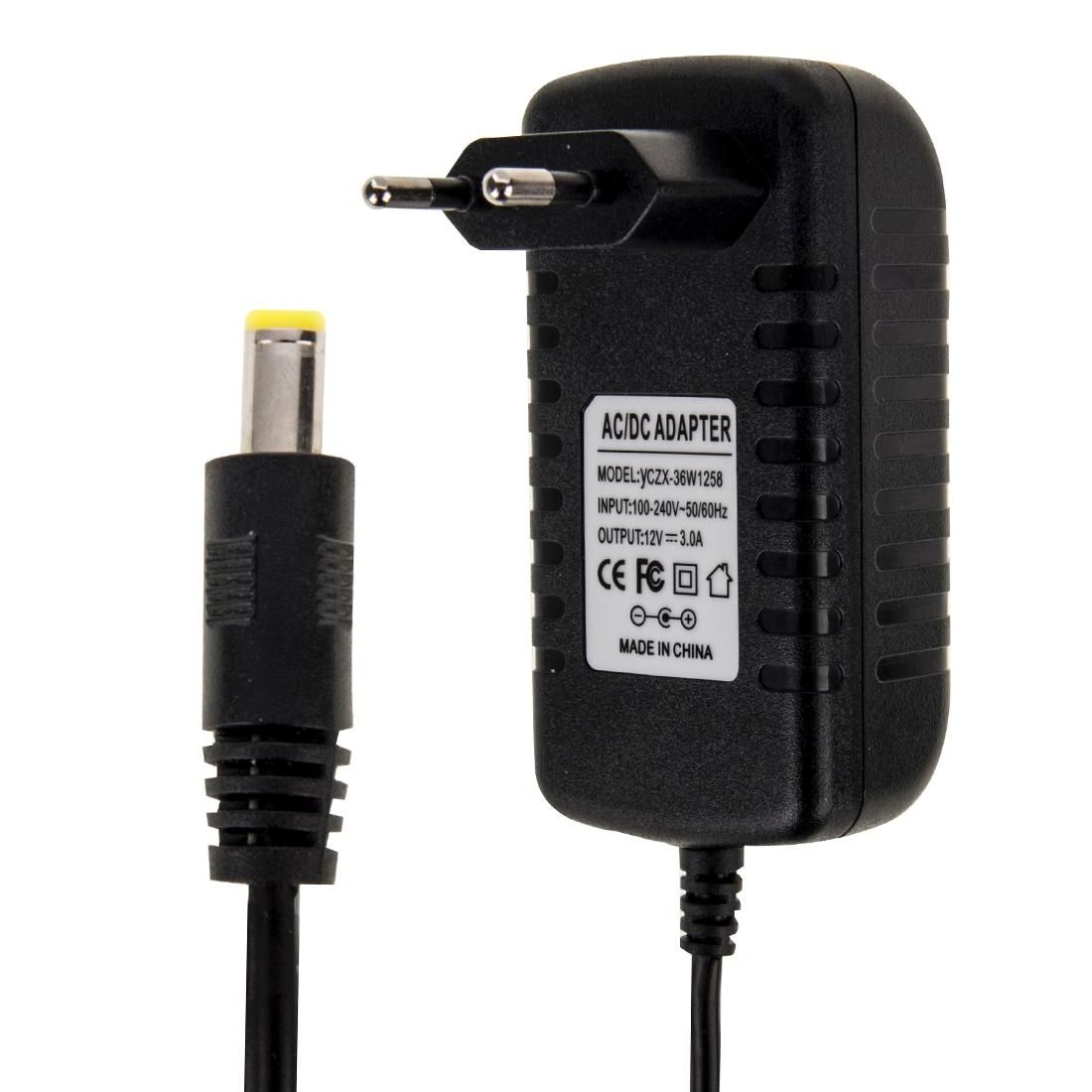 EU Plug AC 100-240V to DC 12V 3A Power Adapter, Tips: 5.5 x 2.1mm, Cable Length: about 1.2m (Black)