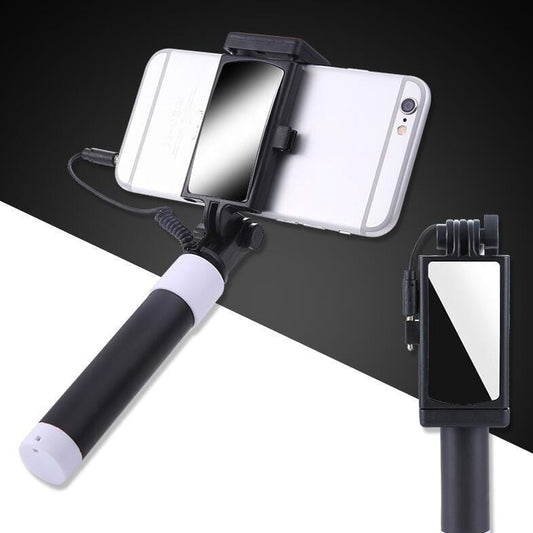 3.5mm Plug Mini Stainless Steel Folding Remote Control Selfie Stick with Rearview Mirror (Black)