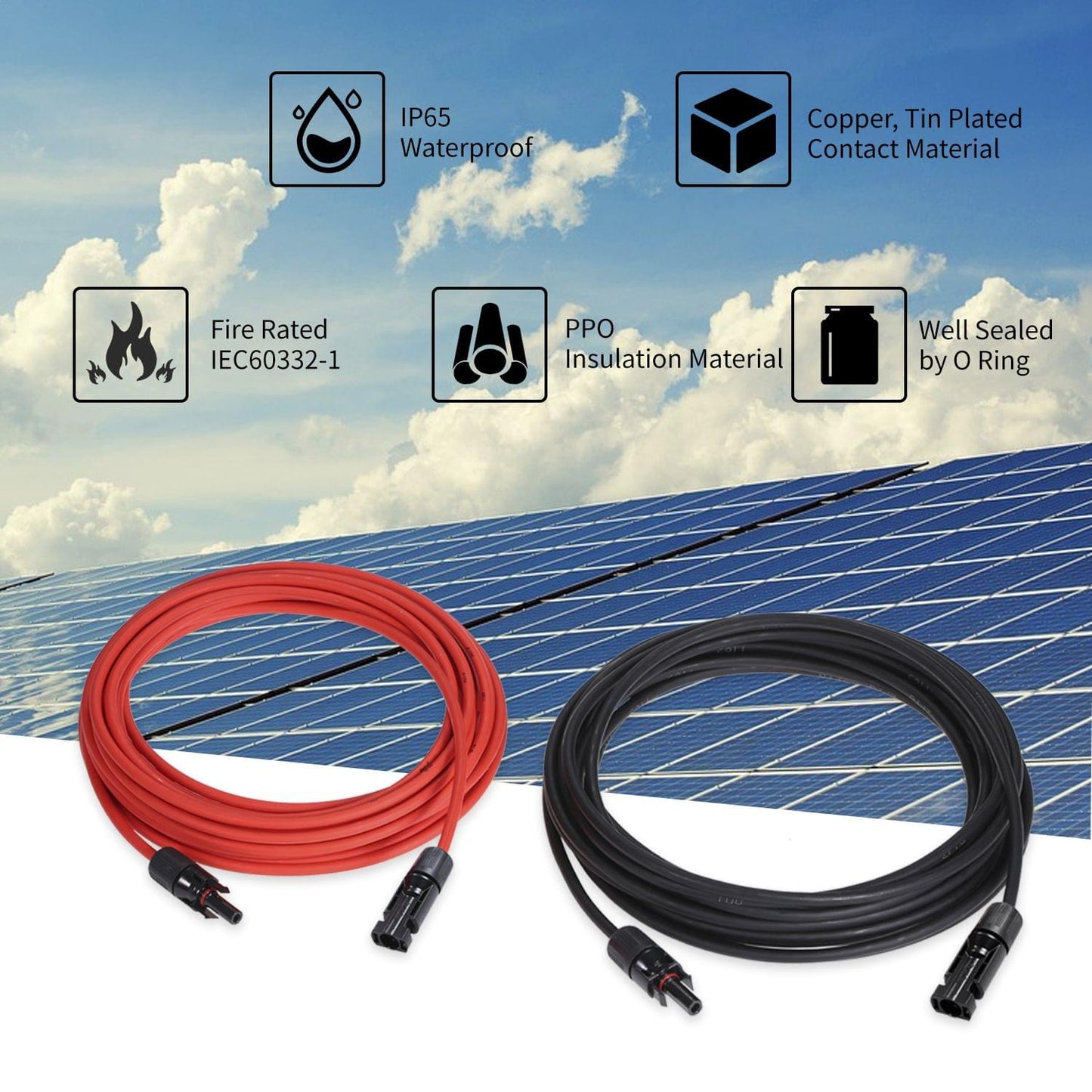 1 Pair 25/40/50/60/100 Feet Black + Red 10AWG Solar Panel - 25