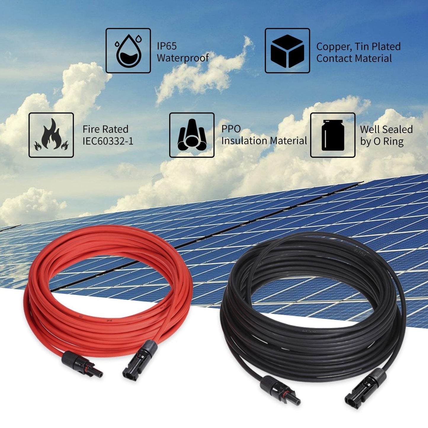 1 Pair 25/40/50/60/100 Feet Black + Red 10AWG Solar Panel - 50