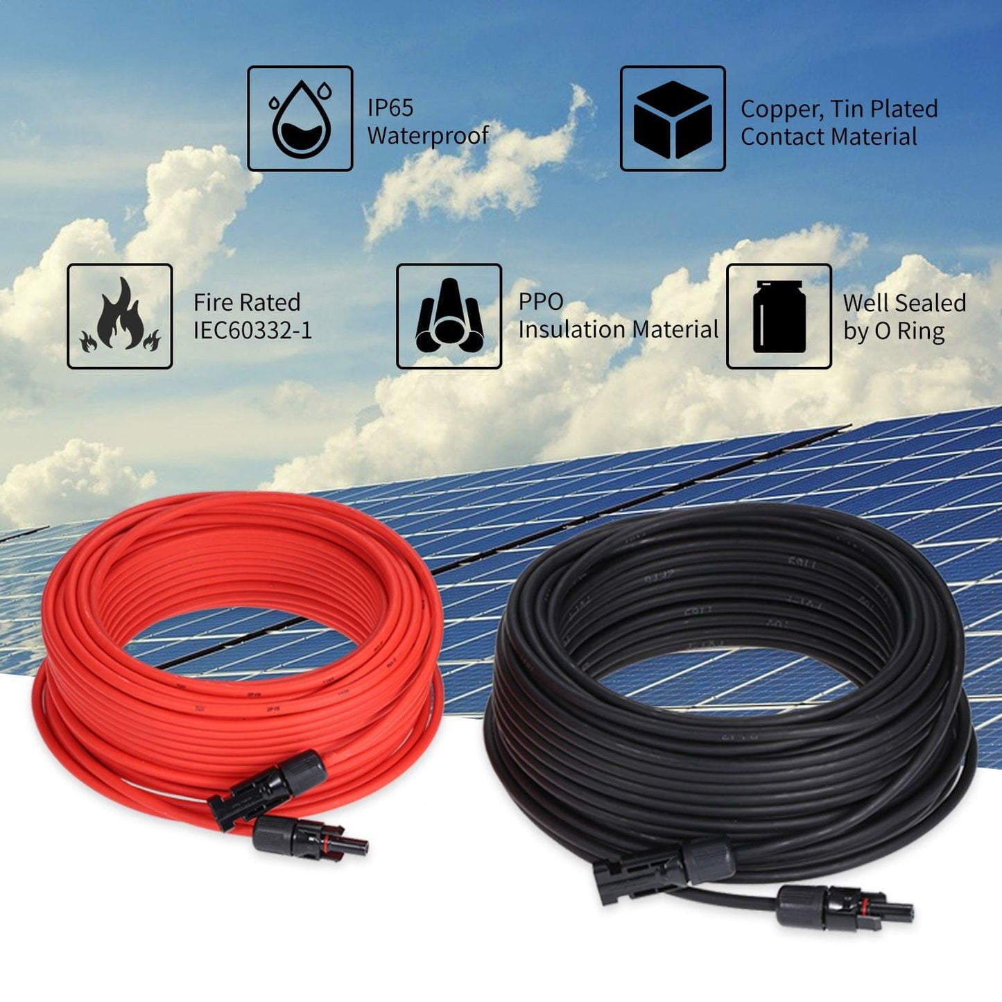 1 Pair 25/40/50/60/100 Feet Black + Red 10AWG Solar Panel - 100