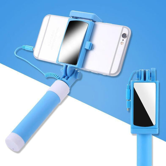 3.5mm Plug Mini Stainless Steel Folding Remote Control Selfie Stick with Rearview Mirror (Blue)