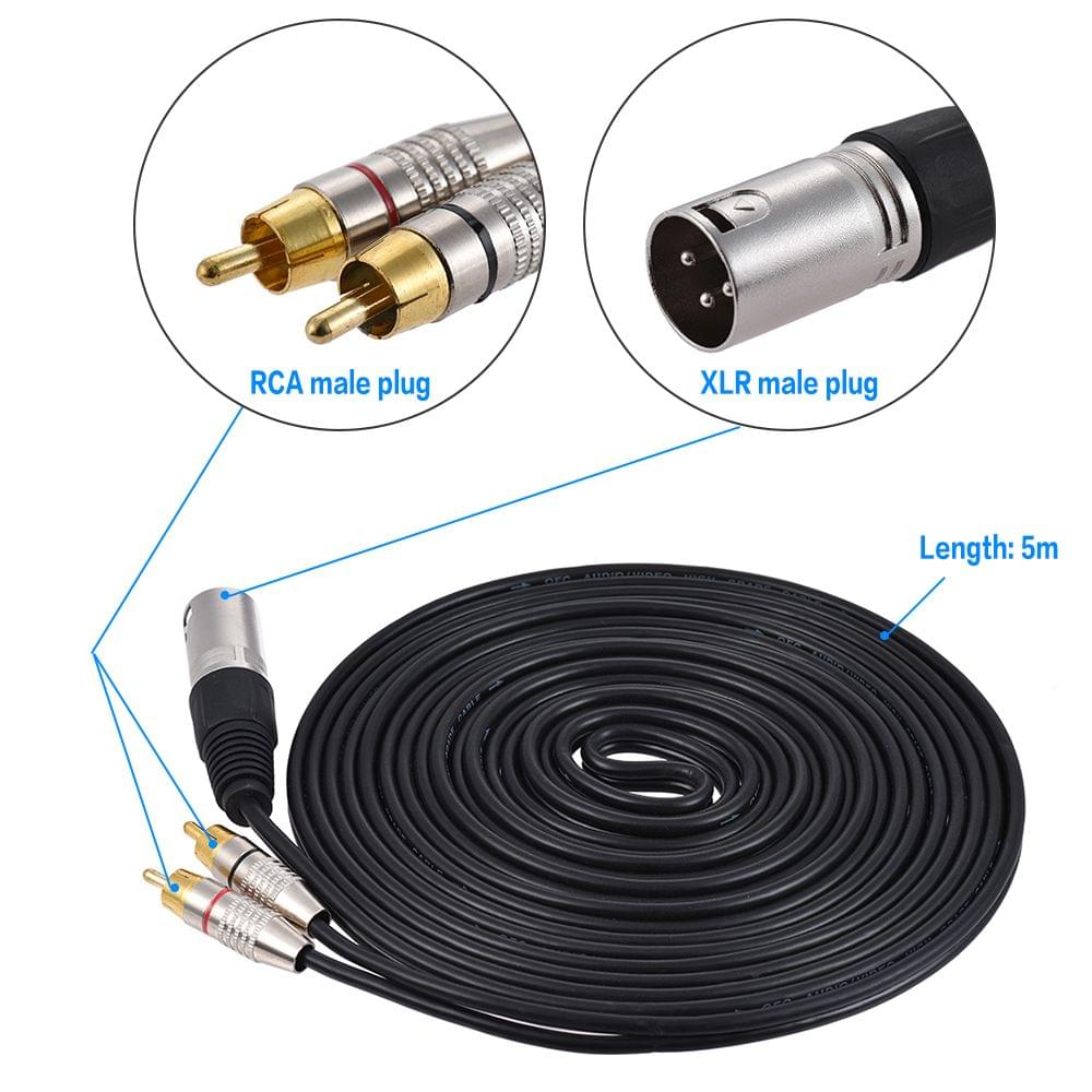 1 XLR Male to 2 RCA Male Plug Stereo Audio Cable Connector Y - 5m