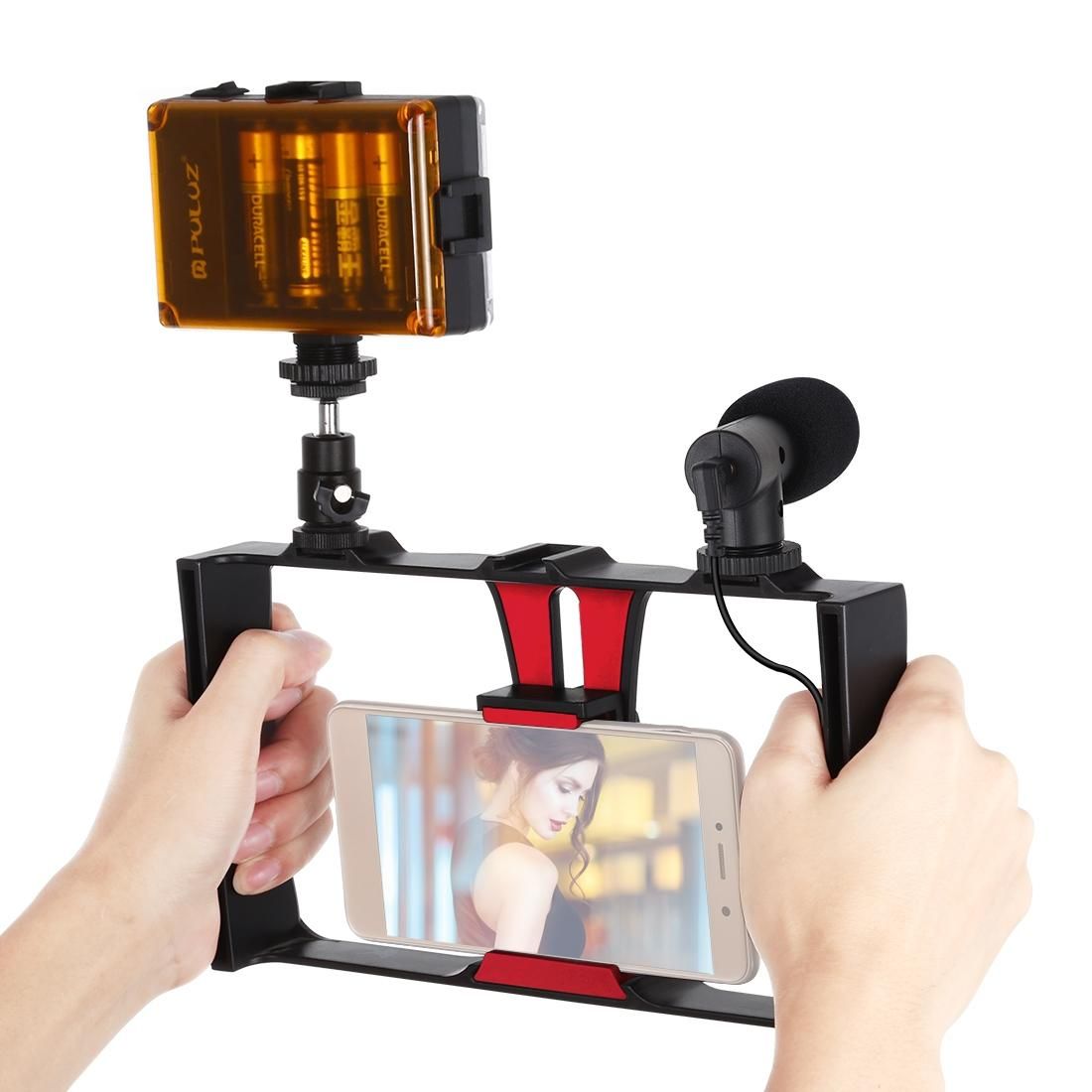 PULUZ 3 in 1 Vlogging Live Broadcast LED Selfie Light Smartphone Video Rig Kits with Microphone + Cold Shoe Tripod Head for iPhone, Galaxy, Huawei, Xiaomi, HTC, LG, Google, and Other Smartphones (Red)