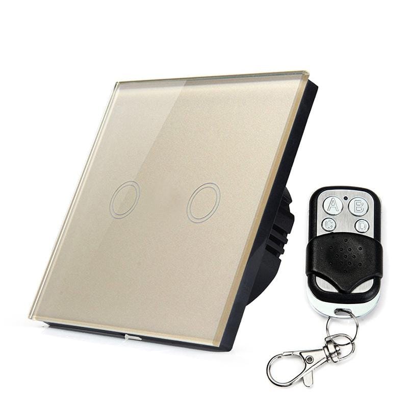 86mm 2 Gang Tempered Glass Panel Wall Switch Smart Home Light Touch Switch with RF433 Remote Controller, AC 110V-240V (Gold)