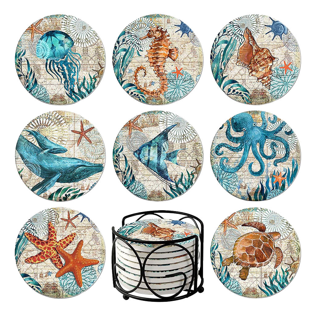 8x Cork Base Drinks Coasters With Holder Cup Pads Placemat Dining Room Decor