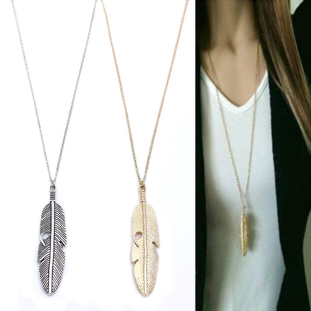 Simple Classic pendant Necklace Feather Necklace Long Sweater Chain Jewelry choker Necklace for Women (Silver)