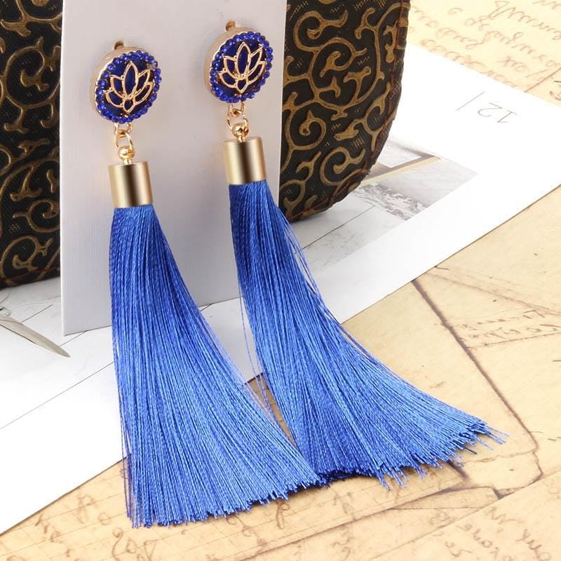 Bohemian Long Tassel Vintage Statement Drop Earrings for Women (Blue)
