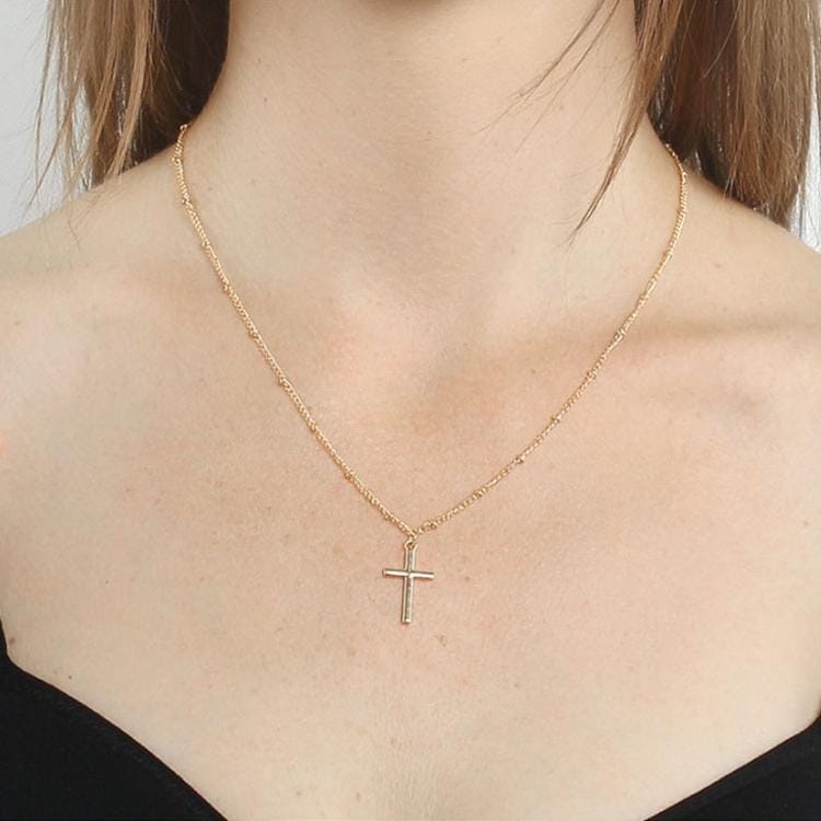 Women Fashion Bright Electroplating Cross Jewelry Necklace (Gold)