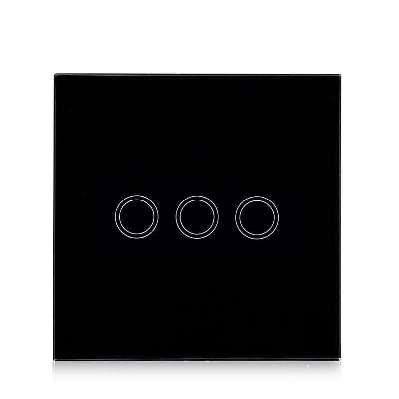 86mm 3 Gang Tempered Glass Panel Wall Switch Smart Home Light Touch Switch with RF433 Remote Controller, AC 110V-240V (Black)