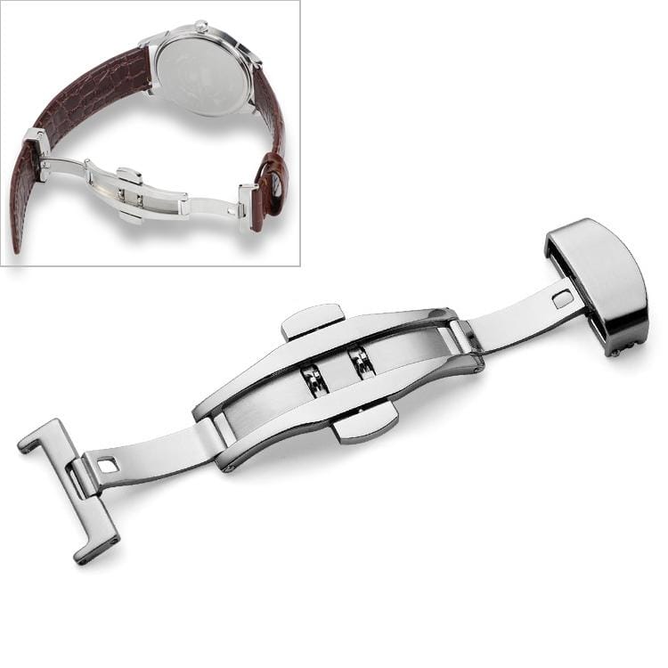 Watch Leather Wrist Strap Butterfly Buckle 316 Stainless Steel Double Snap, Size: 18mm (Silver)