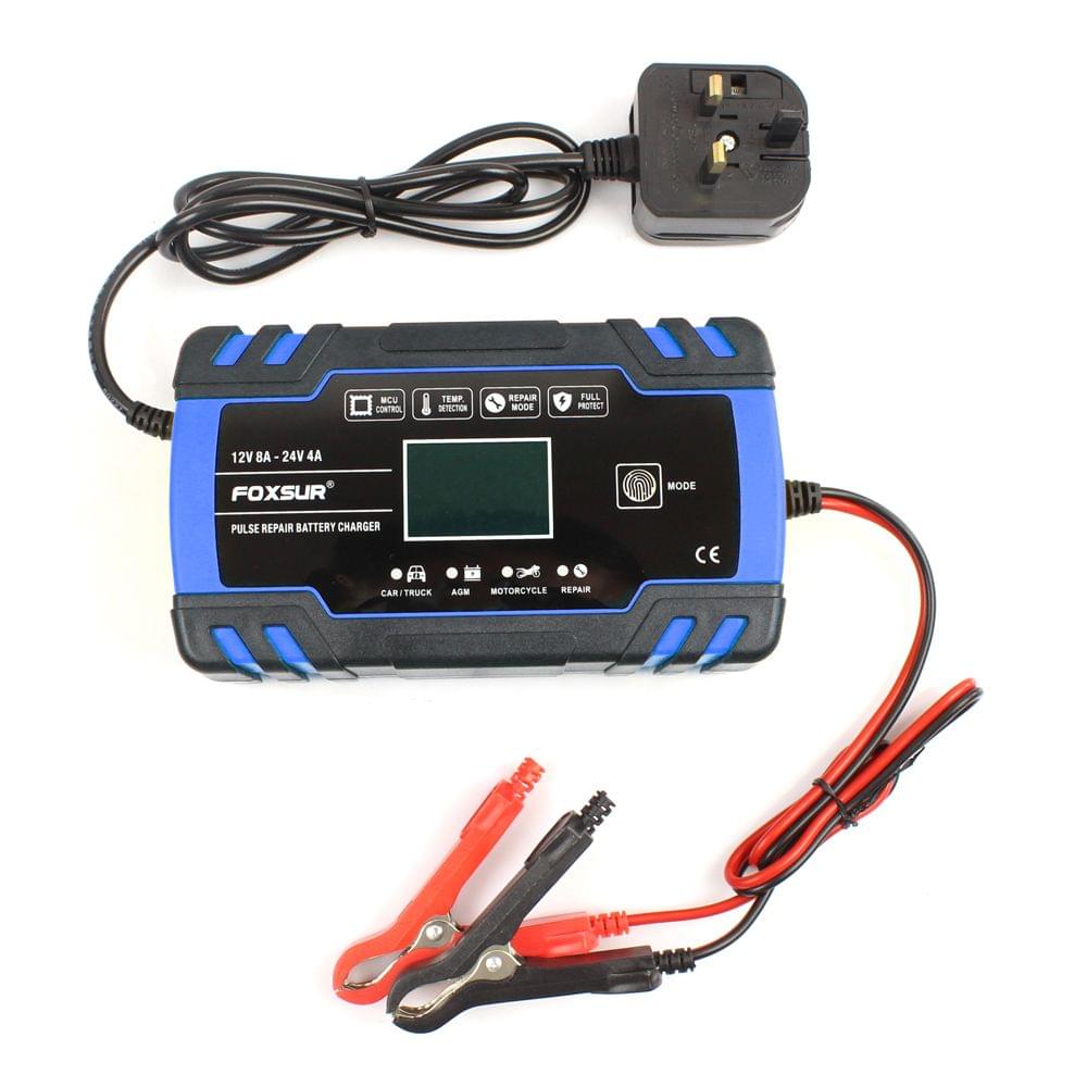 FOXSUR 12V 24V Pulse Repairing Charger with LCD Display - UK Plug