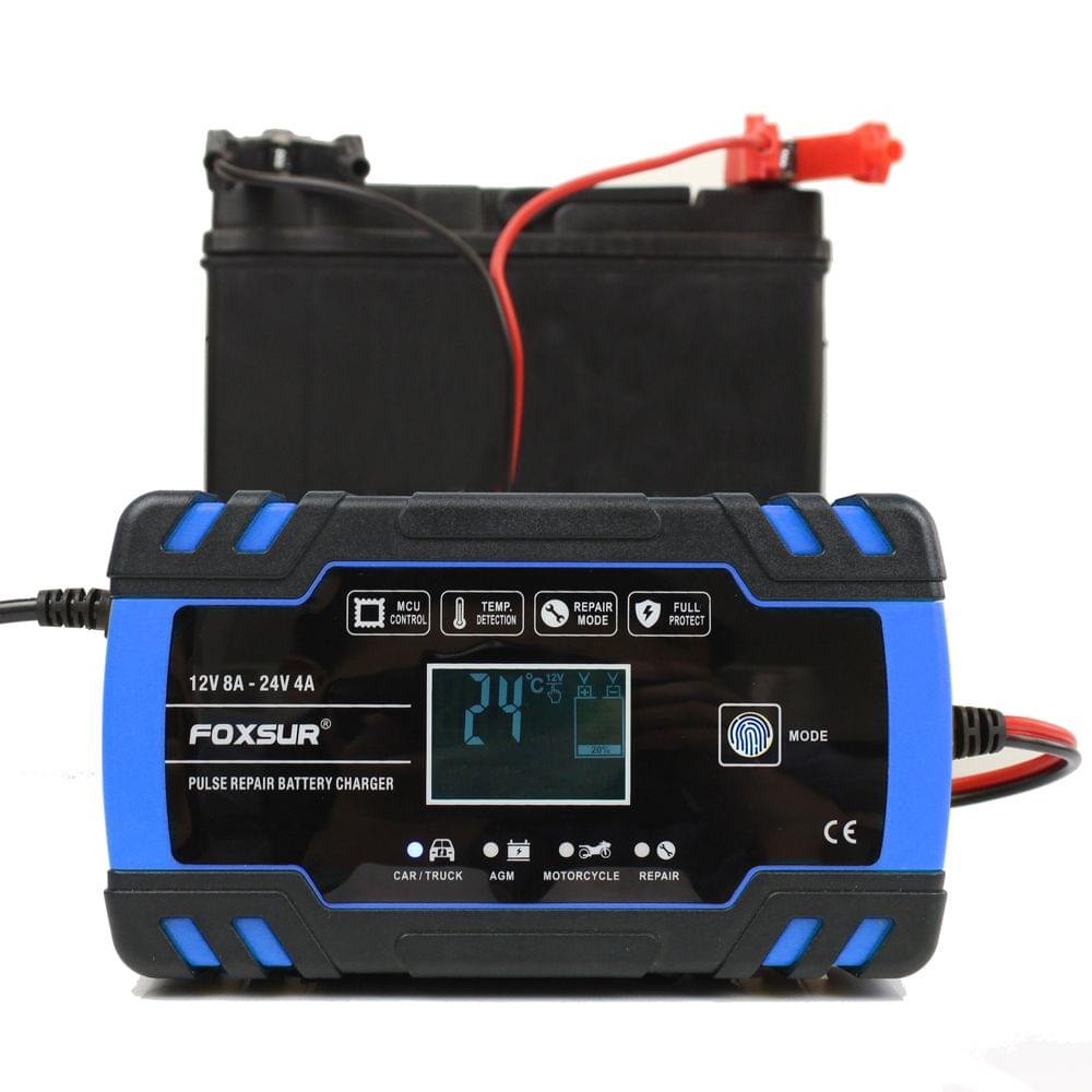 FOXSUR 12V 24V Pulse Repairing Charger with LCD Display - UK Plug
