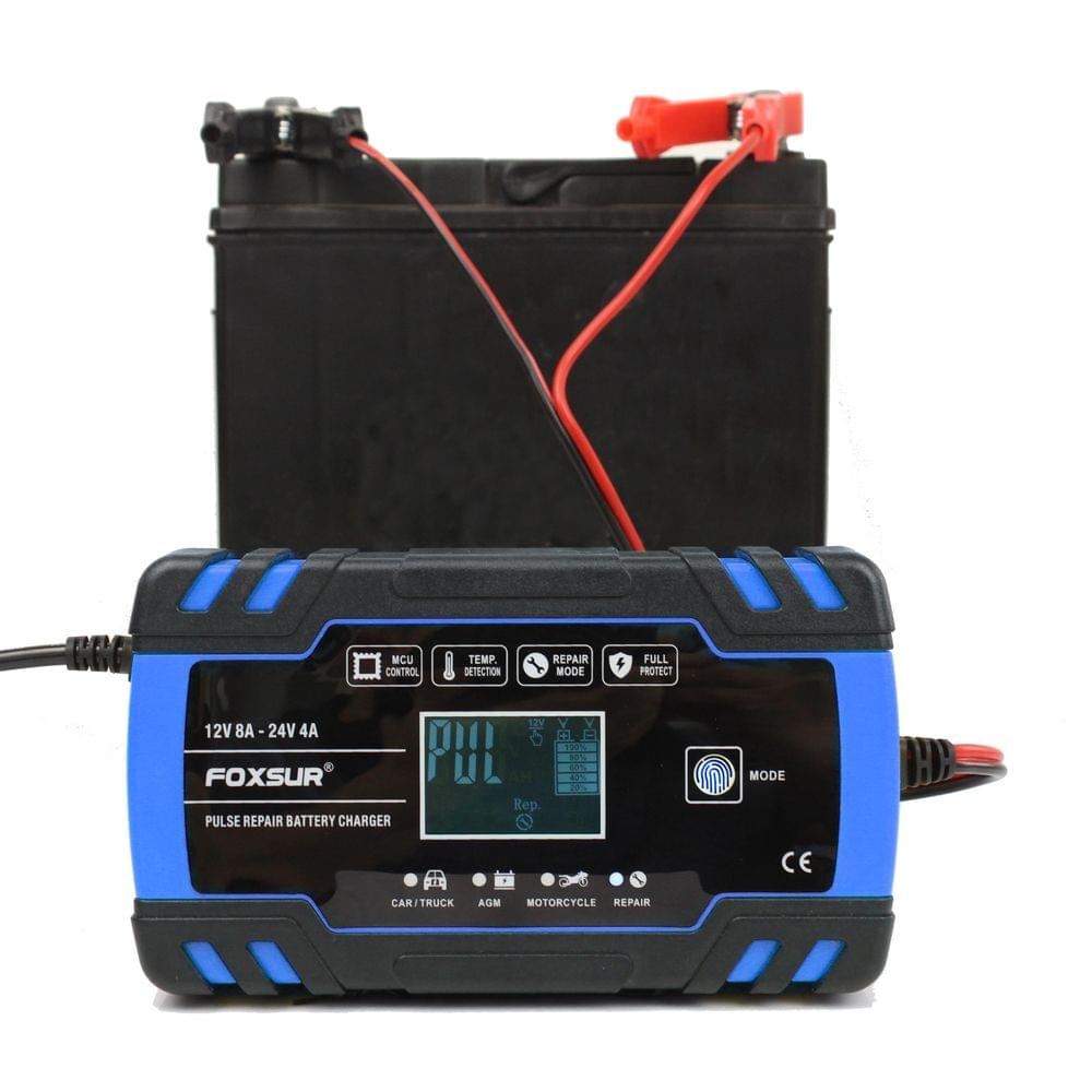 FOXSUR 12V 24V Pulse Repairing Charger with LCD Display - UK Plug