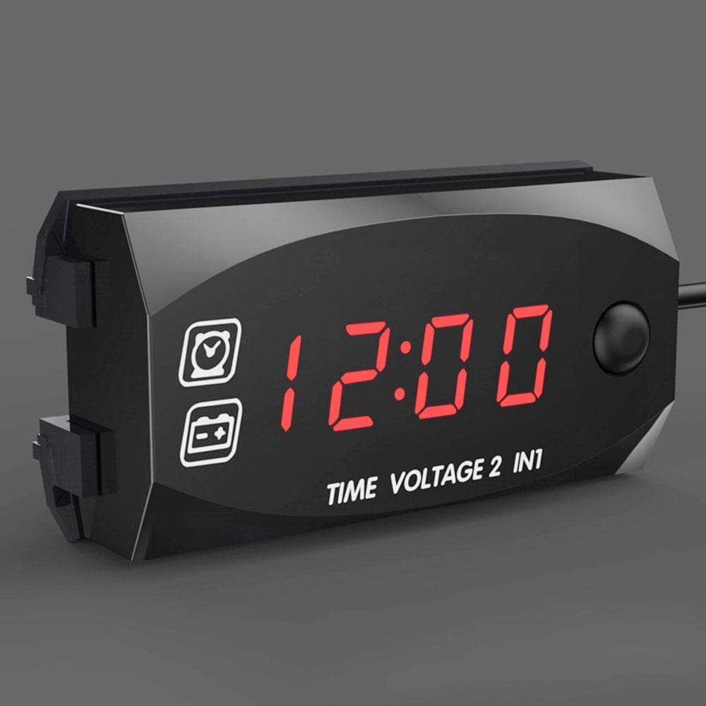 Motorycycle DC 9V-24V 2 In 1 Digital Time Clock Voltage - Red light