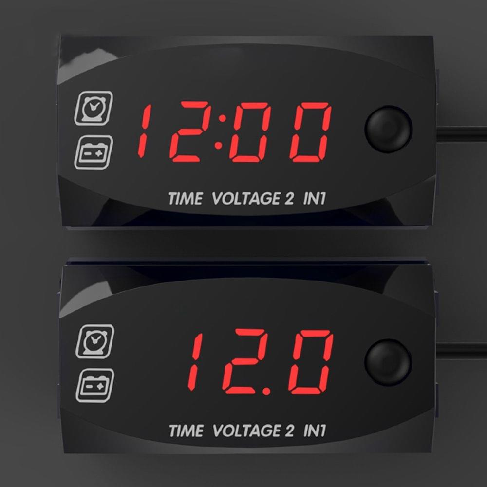Motorycycle DC 9V-24V 2 In 1 Digital Time Clock Voltage - Red light