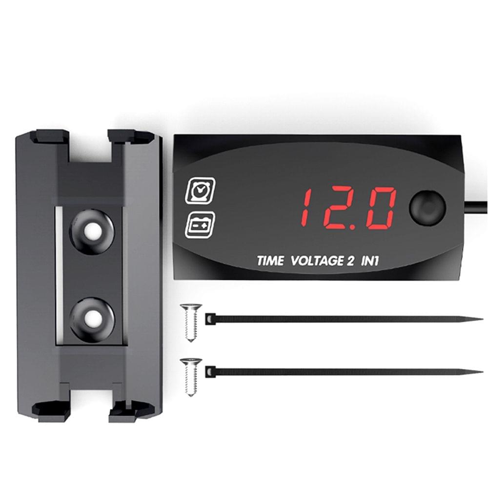 Motorycycle DC 9V-24V 2 In 1 Digital Time Clock Voltage - Red light