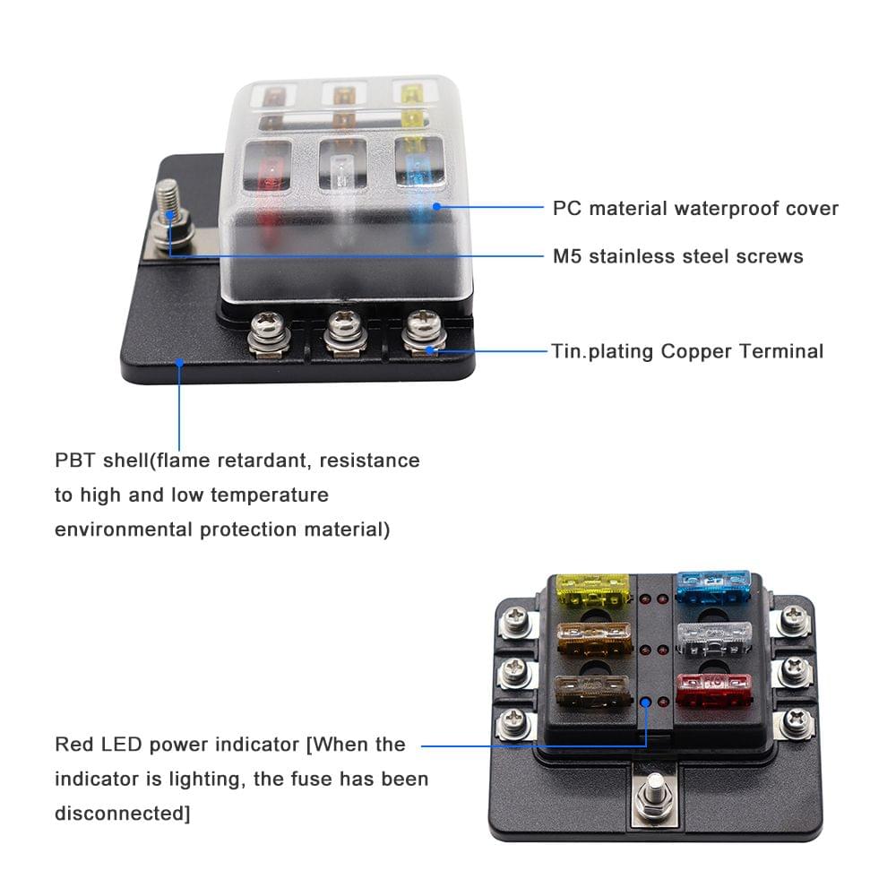 6 Way Blade Fuse Box with LED Indicator Fuse Block for Car