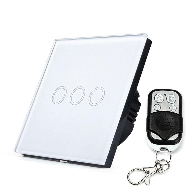 86mm 3 Gang Tempered Glass Panel Wall Switch Smart Home Light Touch Switch with RF433 Remote Controller, AC 110V-240V (White)