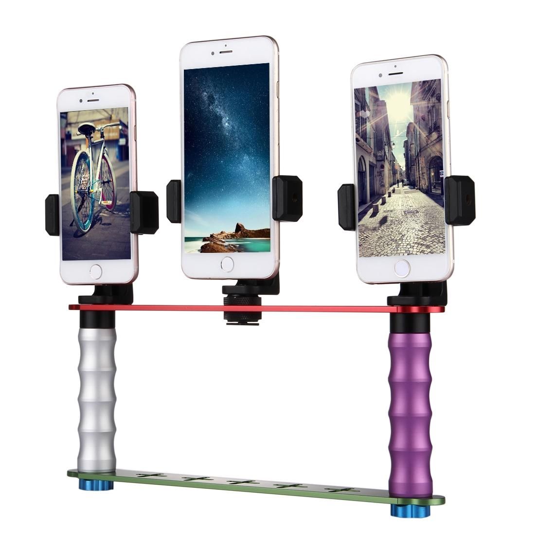 Smartphone Live Broadcast Bracket Dual Hand-held Selfie Module Mount Kits with 3x Phone Clips, For iPhone, Galaxy, Huawei, Xiaomi, HTC, Sony, Google and other Smartphones