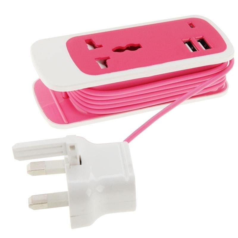 UK Plug Colorful 3 in 1 Dual USB Universal Power Socket, 2.1A Output, Cable Length: 1.5M (Magenta)