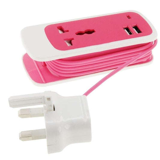 UK Plug Colorful 3 in 1 Dual USB Universal Power Socket, 2.1A Output, Cable Length: 1.5M (Magenta)