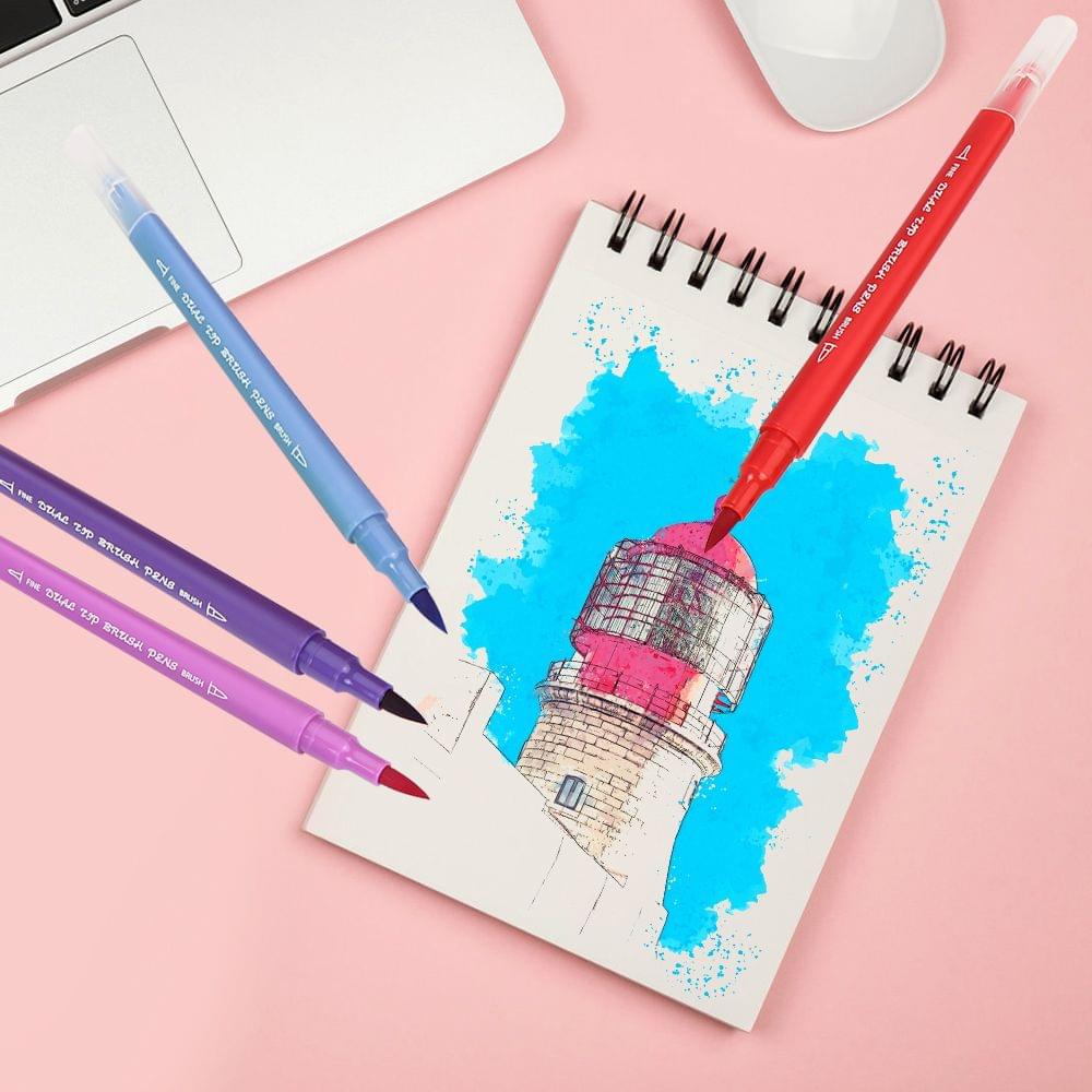 48 Bright Colors Dual Tip Brush Pens Set 0.4mm Fineliner & - 48 Colors