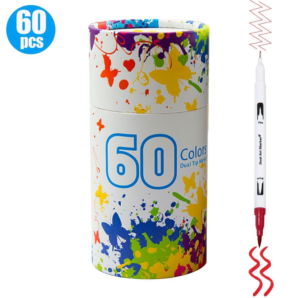 60 Colors Dual Tip Brush Pens Flexible Brush & 0.4mm - 60 Colors White Pen