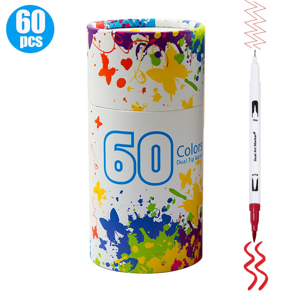 60 Colors Dual Tip Brush Pens Flexible Brush & 0.4mm - 60 Colors White Pen