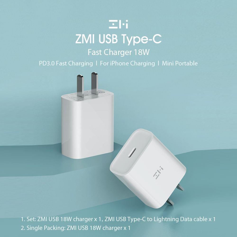 Xiaomi ZMI USB Type-C Fast Charger with USB-C Lightning Data - 18W Charger and  Type-C to Ligtning Cable