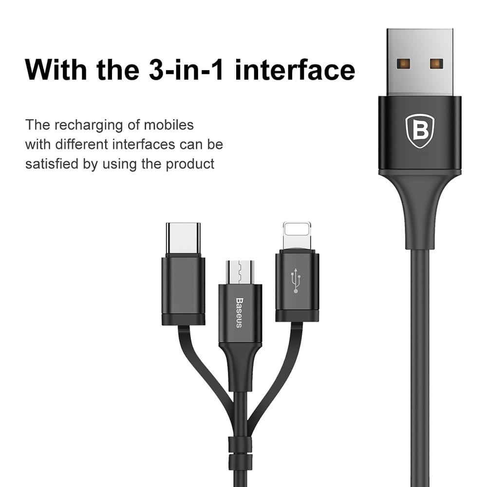 Baseus 3 in 1 USB Cable for iPhone Charger Cable 1.2M Micro