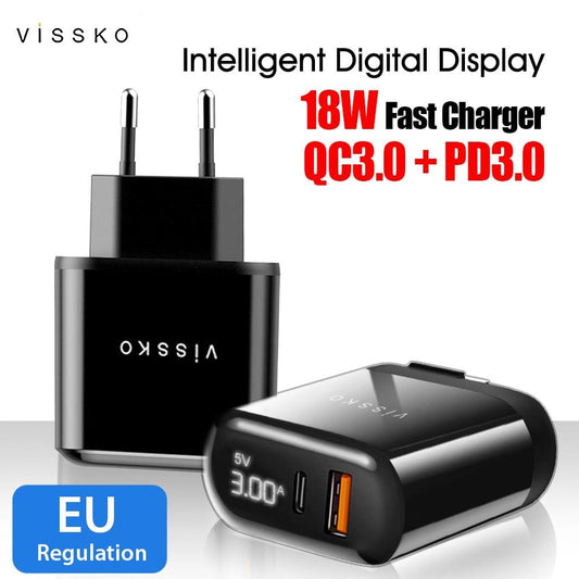 vissko 18W PD Fast Charger Digital Display PD3.0 QC3.0 Quick - EU Plug