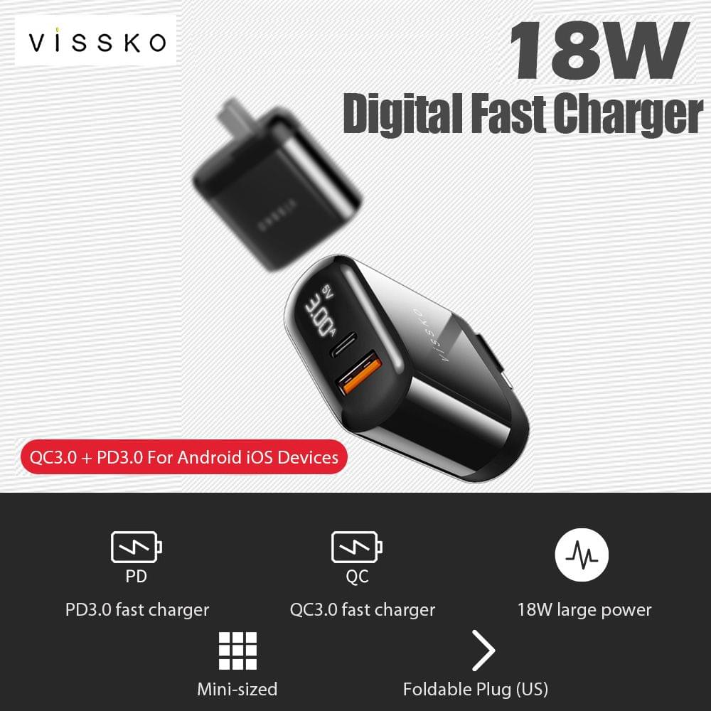 vissko 18W PD Fast Charger Digital Display PD3.0 QC3.0 Quick - EU Plug