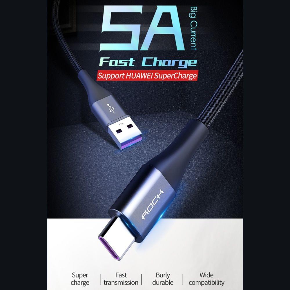 ROCK C8 C TO A 5A Metal Fast Charge Sync Data 200CM Type C - Black 200cm