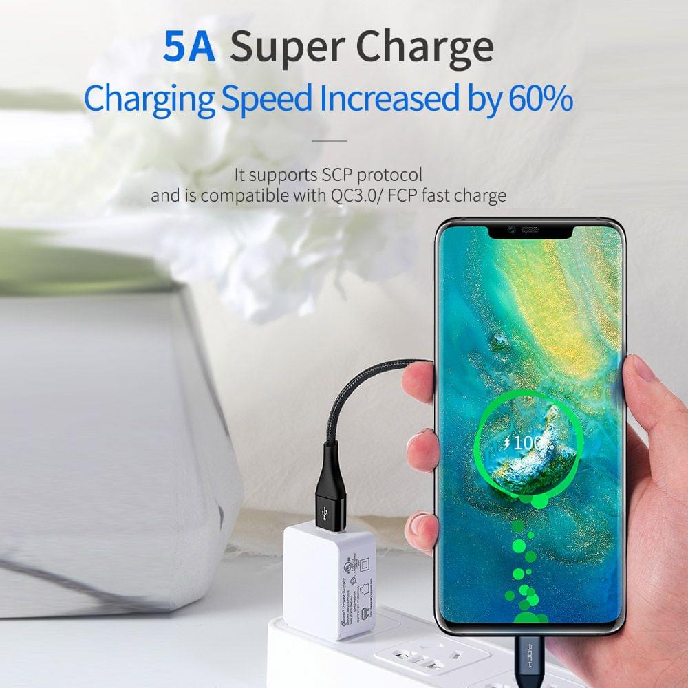 ROCK C8 C TO A 5A Metal Fast Charge Sync Data 200CM Type C - Black 200cm