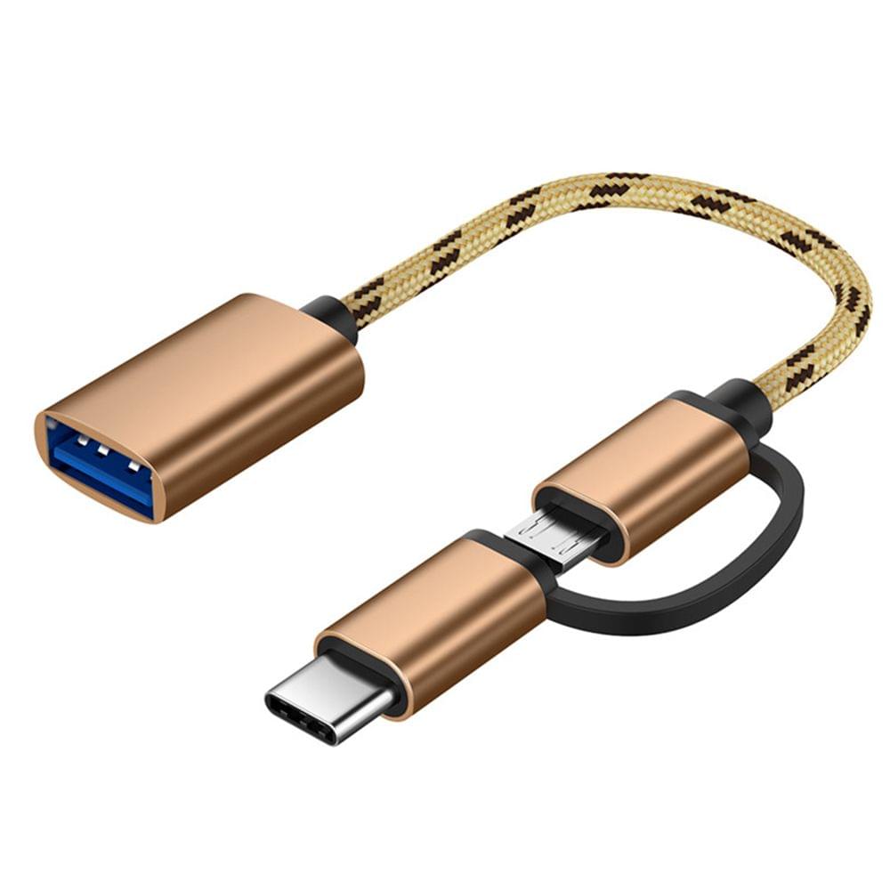 2 in 1 USB OTG Cable Type-C/Micro USB to USB 3.0 Adapter Braided Designed Data Transfer Cable Compatible with Andriod Phone (Gold)