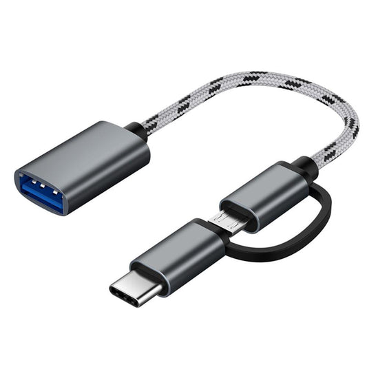 2 in 1 USB OTG Cable Type-C/Micro USB to USB 3.0 Adapter Braided Designed Data Transfer Cable Compatible with Andriod Phone (Grey)
