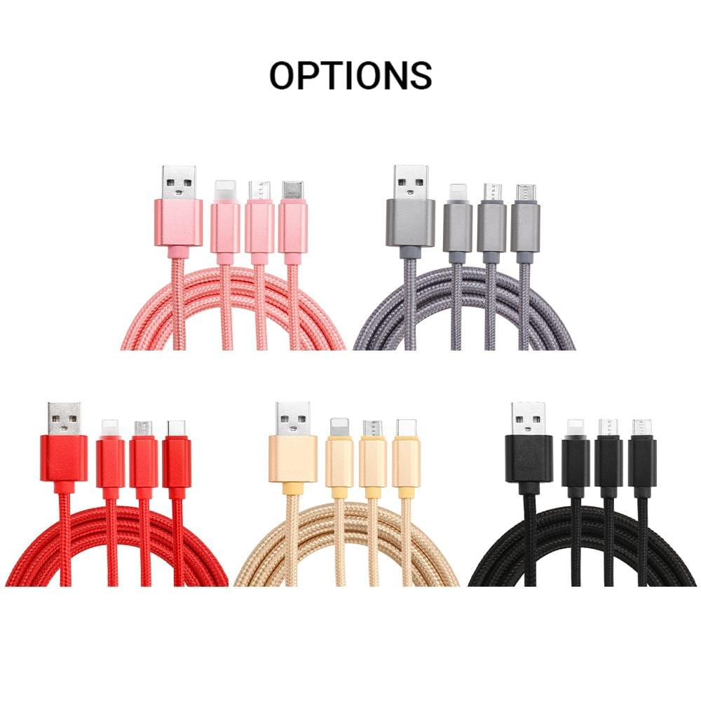3 in 1 Nylon Braided USB Cable with Lightning/Type-C/Micro