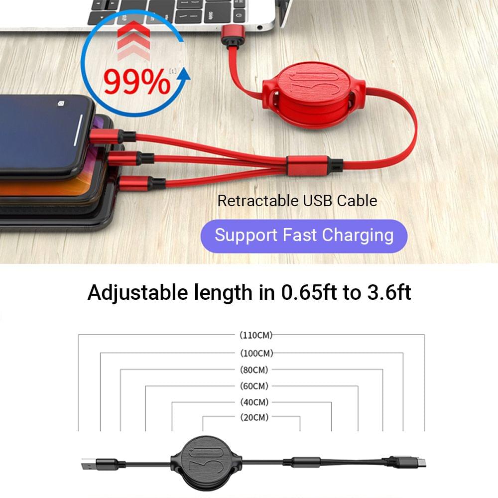 Retractable 3 in 1 USB Cable 3ft Multi Charging Cable