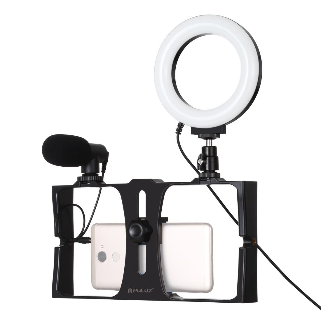PULUZ 3 in 1 Vlogging Live Broadcast Smartphone Video Rig + Microphone +  4.7 inch 12cm Ring LED Selfie Light Kits with Cold Shoe Tripod Head for iPhone, Galaxy, Huawei, Xiaomi, HTC, LG, Google, and Other Smartphones (Red)