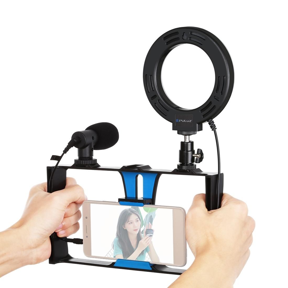 PULUZ 3 in 1 Vlogging Live Broadcast Smartphone Video Rig + Microphone +  4.7 inch 12cm Ring LED Selfie Light Kits with Cold Shoe Tripod Head for iPhone, Galaxy, Huawei, Xiaomi, HTC, LG, Google, and Other Smartphones (Blue)