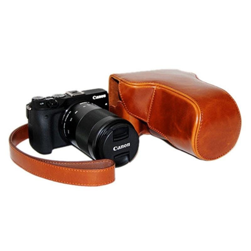 Oil Skin PU Leather Camera Case Bag with Strap for Canon EOS M3 (Brown)