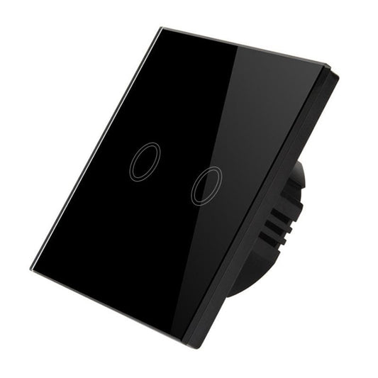 D6-02 86mm Wall Touch Switch, Tempered Glass Panel, 2 Gang 1 Way, EU / UK Standard (Black)