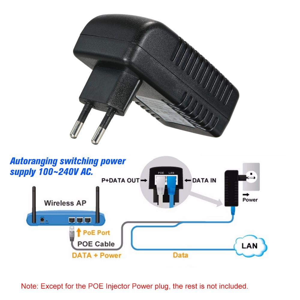 POE Injector Ethernet Power Supply Adapter DC48V 0.5A 15.4W, - EU Plug