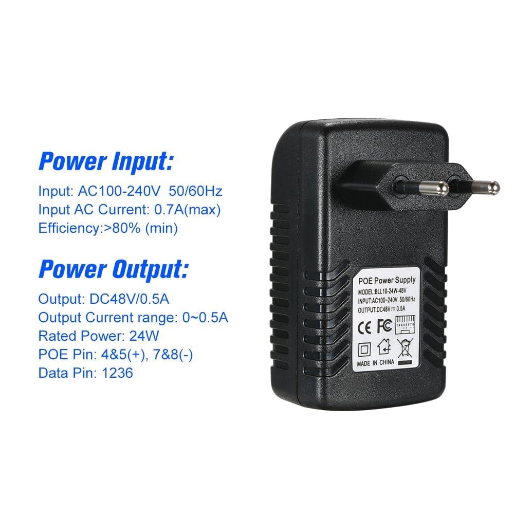 POE Injector Ethernet Power Supply Adapter DC48V 0.5A 15.4W, - EU Plug