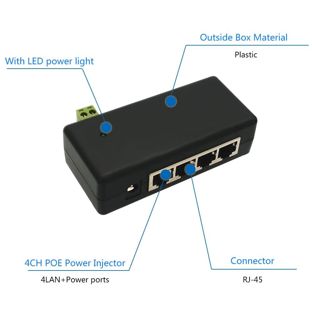 CCTV 4CH PoE Injector Box DC 12V-48V Power Supply for