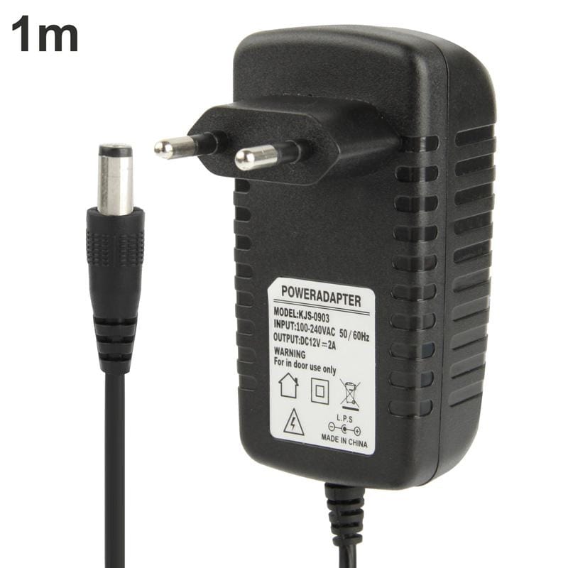 High Quality EU Plug AC 100-240V to DC 12V 2A Power Adapter, Tips: 5.5 x 2.1mm, Cable Length: 1m (Black)
