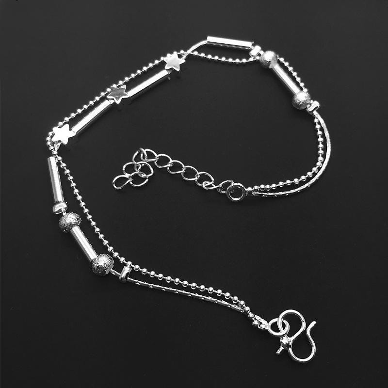 Fashion Jewelry Double Powder Beads and Stars Silver Plated Anklets (Silver)